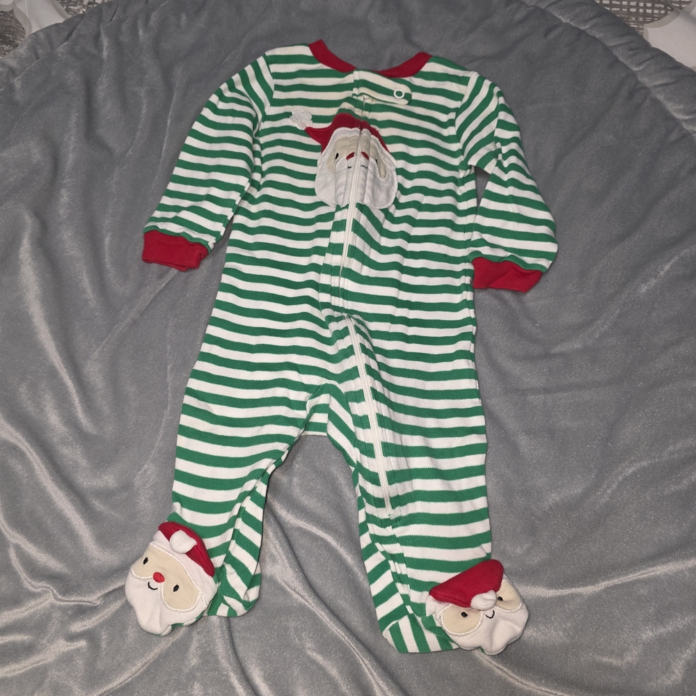 Baby Green & White Striped Santa One-Piece Footed Pajamas